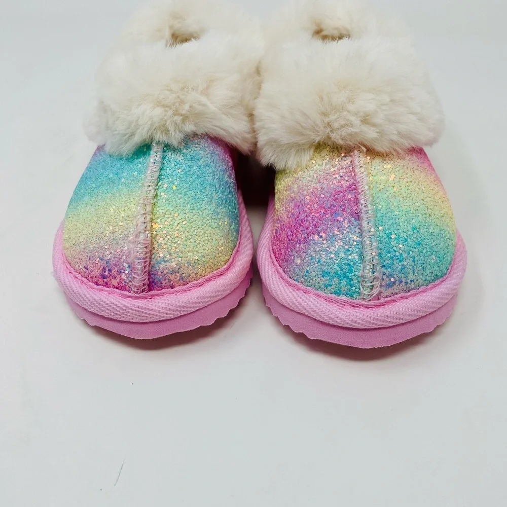 Toddler Girls Rainbow Glitter Slippers with Faux Fur Size 6